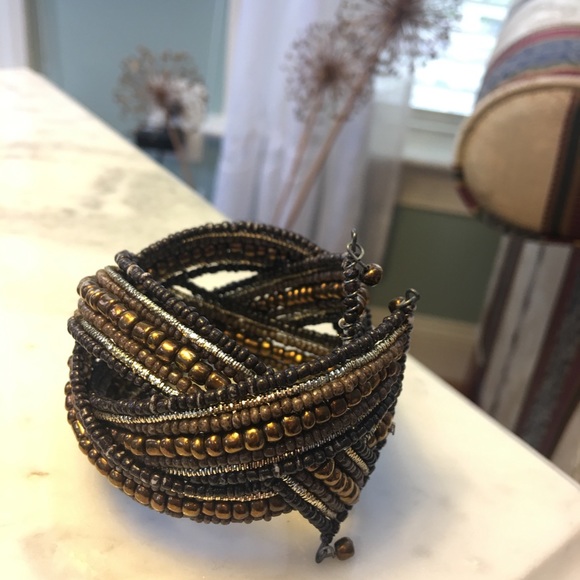 Gold brown beaded cuff bracelet - Picture 4 of 4